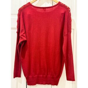 Vip Dark Red Wmn M Sweater Wool Blend Crochet Net/Metal Beaded Neckline/Shoulder